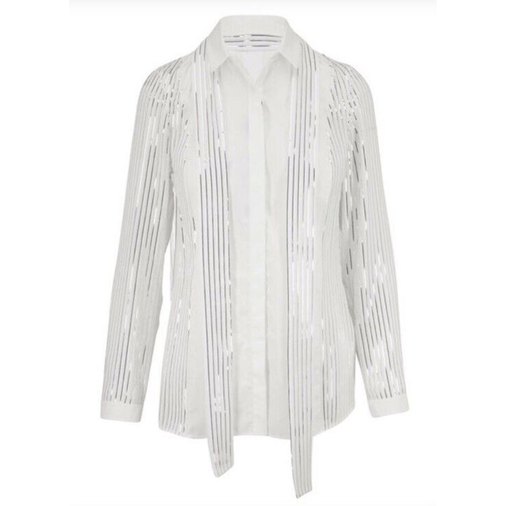 Akris Blouse with Foil Pleats and Shirt Collar white and silver size 12